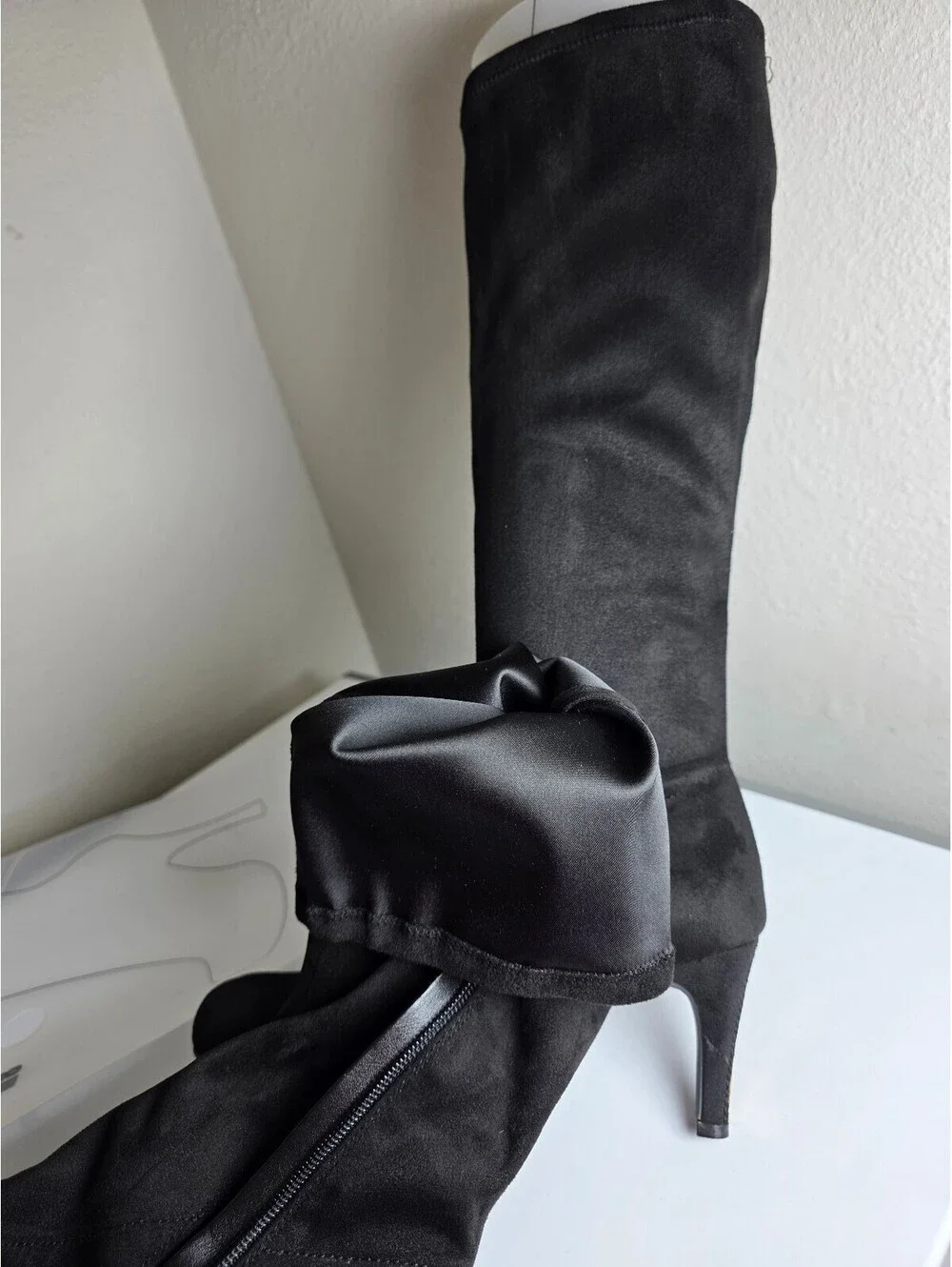 BCBGeneration Black Suede Gold Zipper Gold Kitten Heel Knee High Boots Size 6.5M